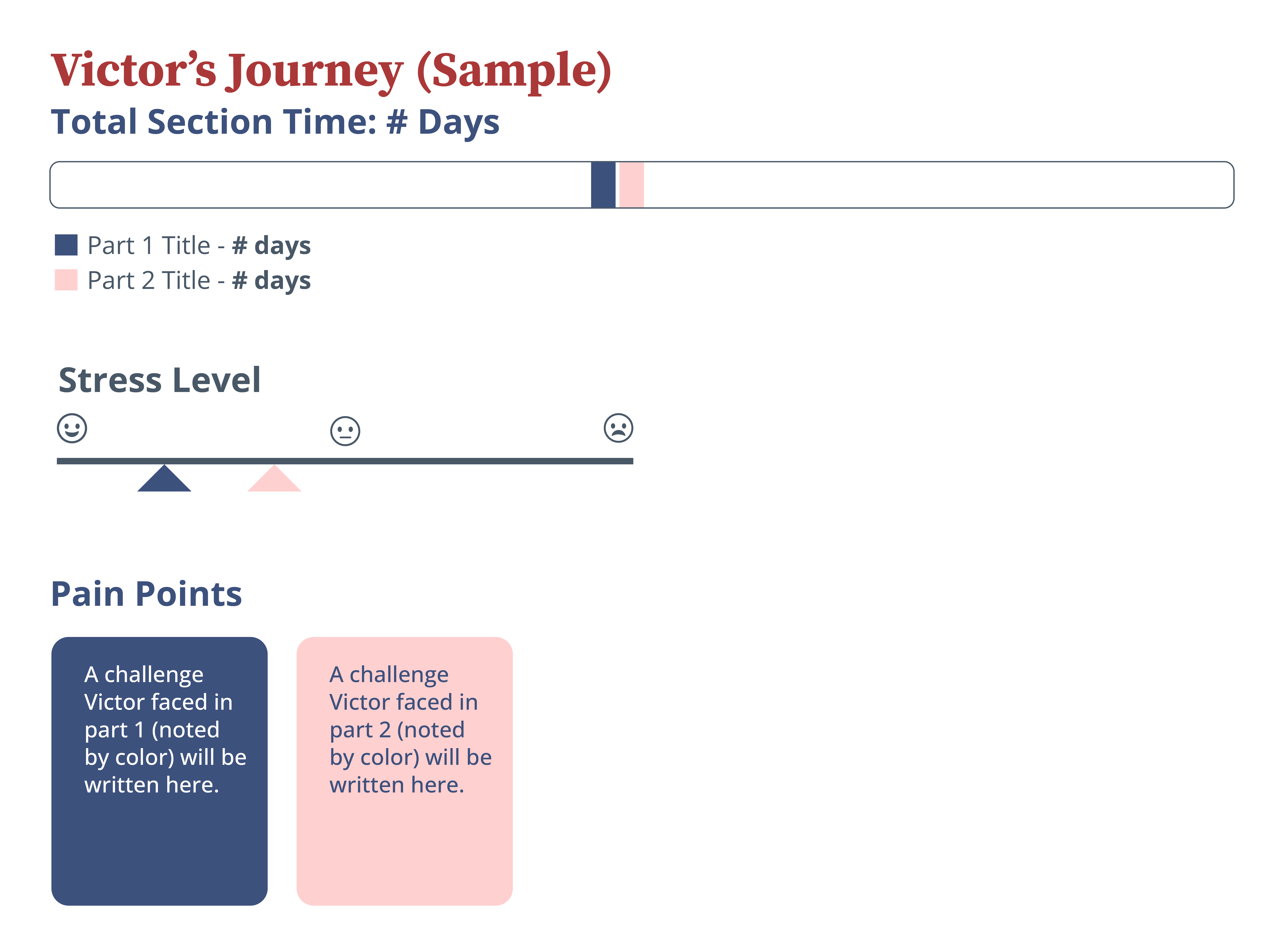 Victor's Journey infographic showing total section time, stress level, and pain points for the Introduction.