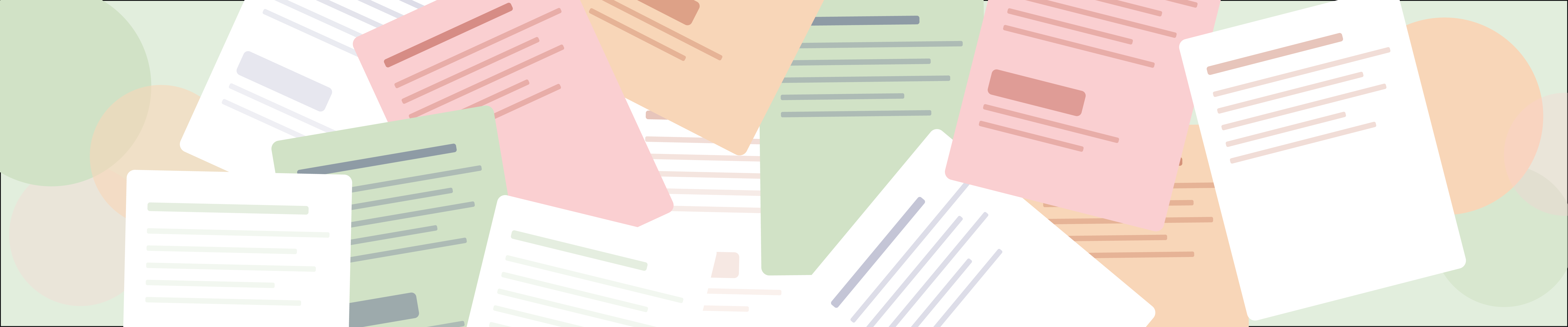 Illustrated papers and documents scattered across the page